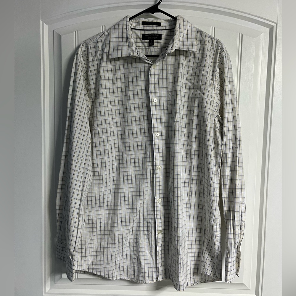 Banana Republic White, yellow and‎ Blue Grid Shirt men’s Large